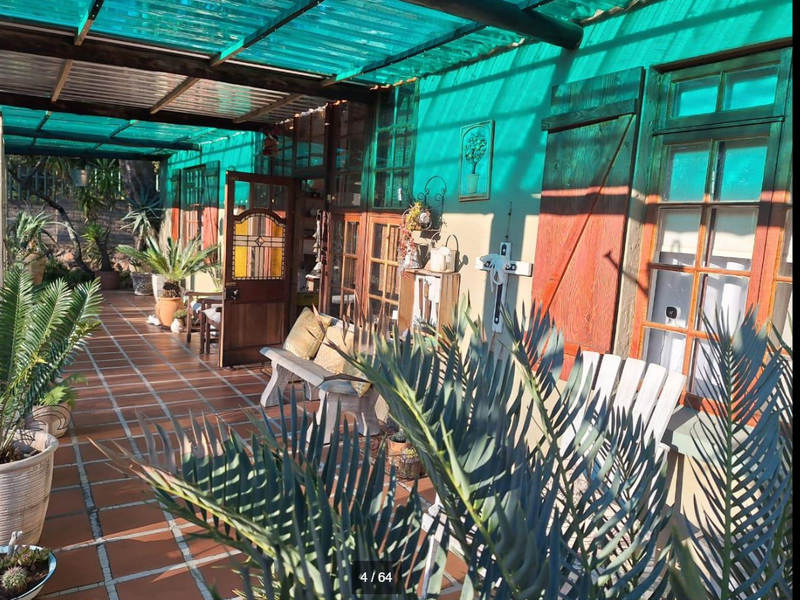 A covered patio area featuring terracotta tiling, a translucent corrugated roof, and timber-framed windows with shutters, providing a sheltered outdoor living space.