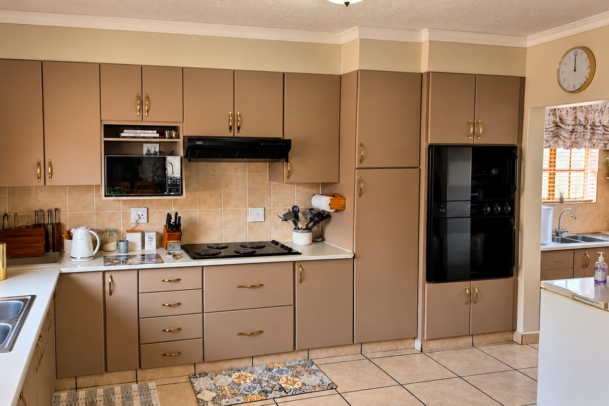 A functional kitchen featuring neutral-toned cabinetry, a built-in double oven, electric hob, and tiled finishes, offering a practical layout with an adjacent scullery area.