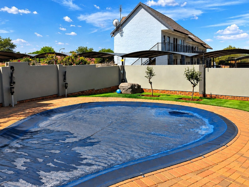A well-maintained outdoor pool area featuring a paved surround, lawn, and secure boundary wall, perfect for relaxation and outdoor living.