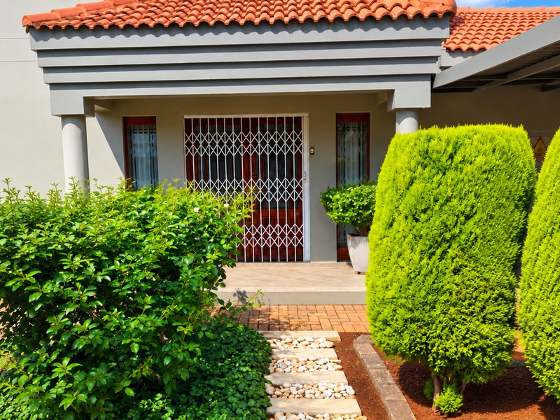 Front entrance of the townhouse featuring a covered porch, terracotta roof tiles, and a secure metal gate, complemented by a landscaped garden and paved path.