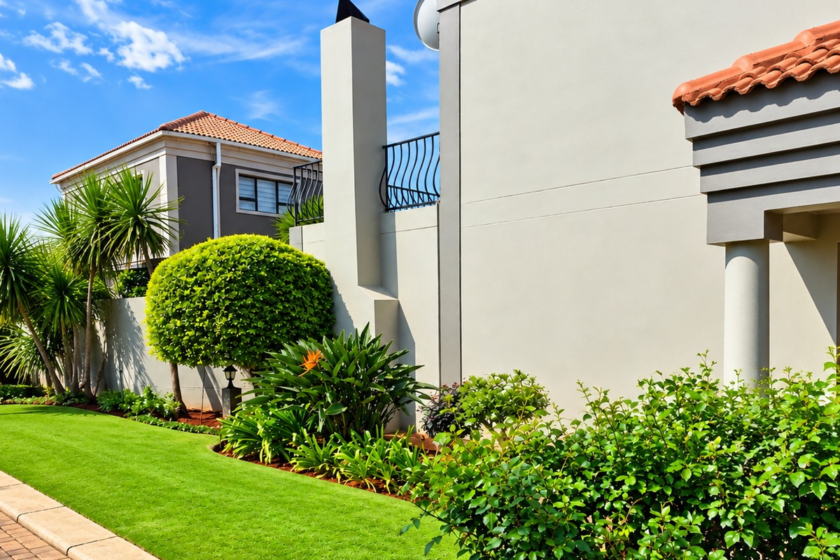 A well-maintained rear exterior view of the townhouse featuring a manicured lawn, landscaped garden, paved walkway, and a prominent external chimney.