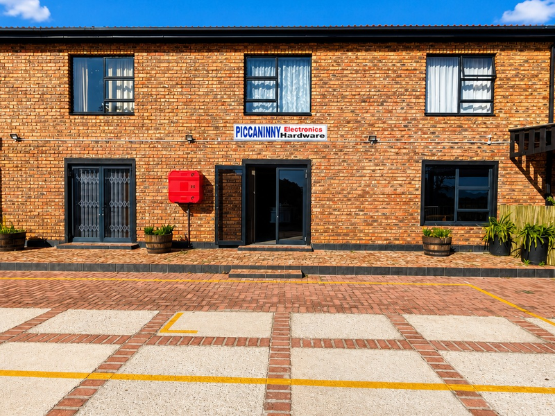Front elevation of a commercial office building featuring face brick construction, aluminium window frames, and a paved parking area.
