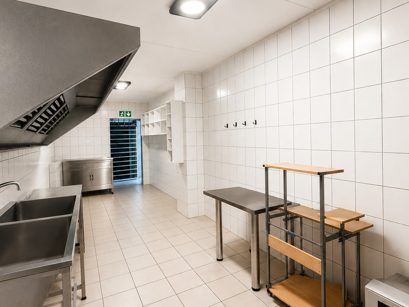A clean, functional commercial-style kitchen area featuring tiled surfaces, a stainless steel double sink, and a large extractor hood.