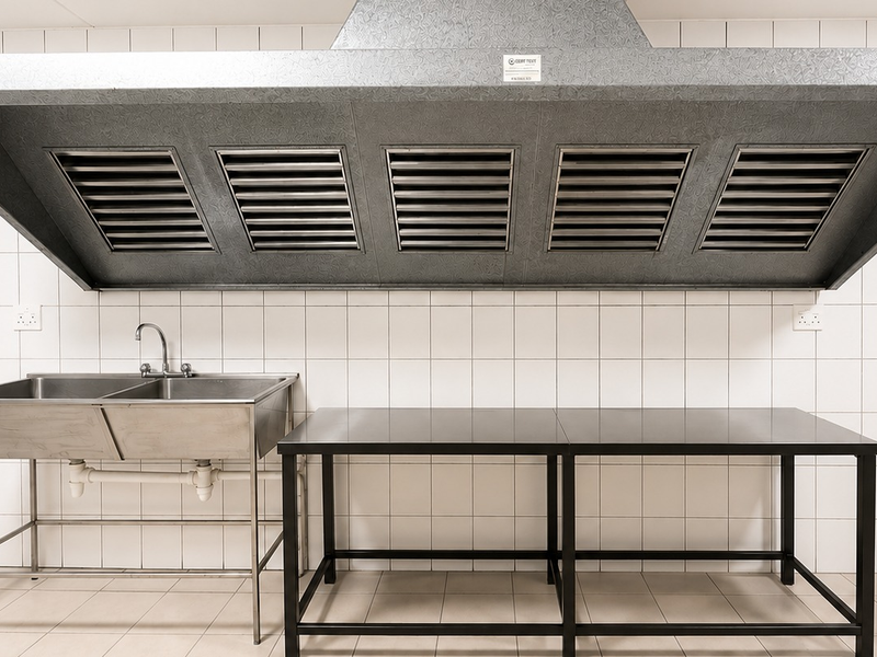A clean, functional commercial-style kitchen area featuring a large stainless steel extractor hood, double sink, and durable tiled surfaces.