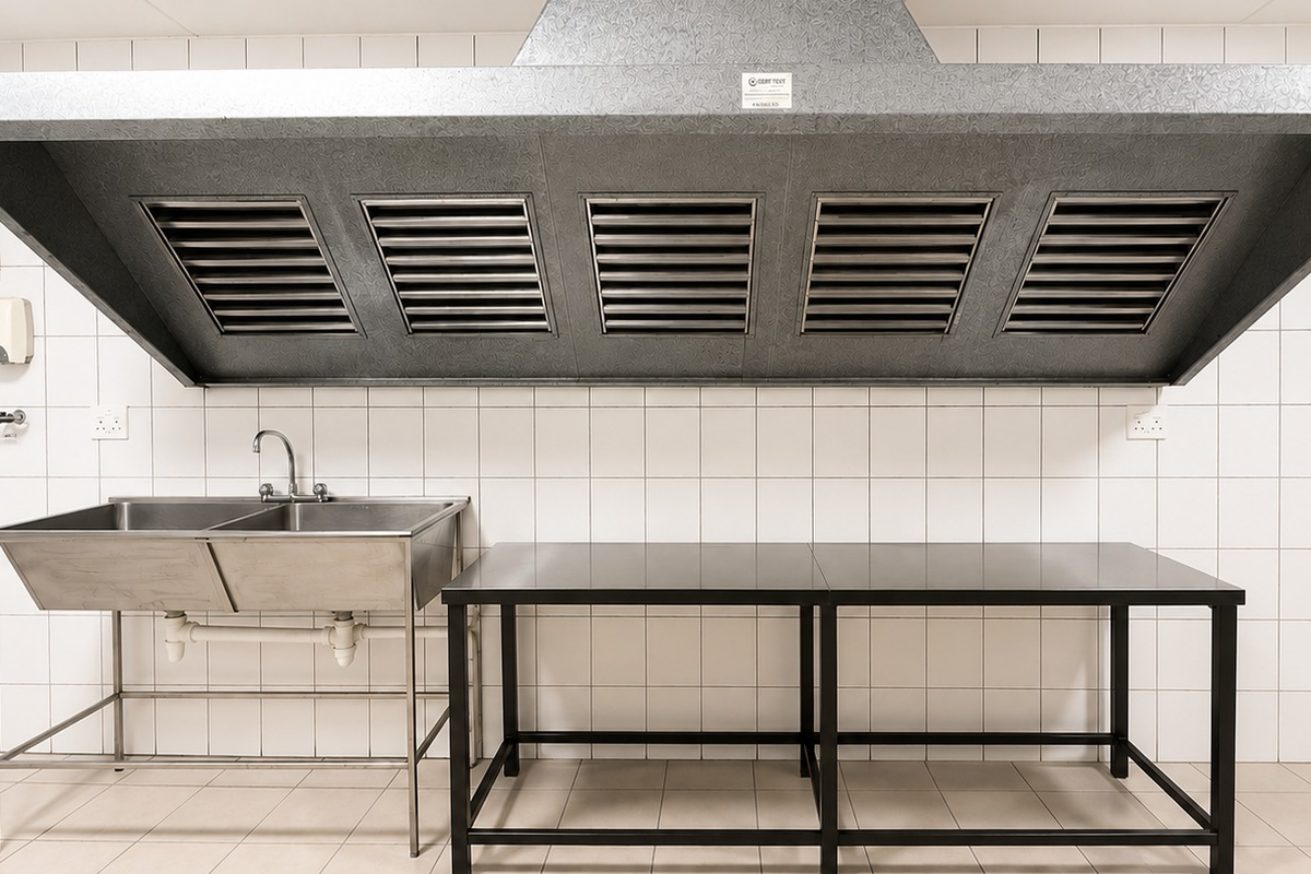 A clean, functional commercial-style kitchen area featuring a large stainless steel extractor hood, double sink, and durable tiled surfaces.