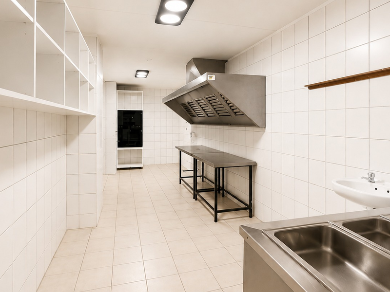 A clean, functional commercial-style scullery or prep area featuring stainless steel fixtures, tiled surfaces, and ample built-in shelving for efficient workspace management.