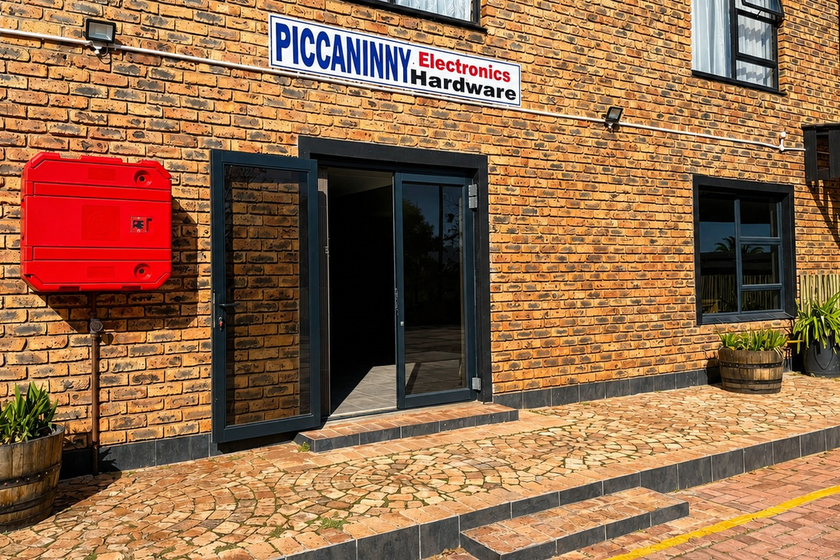 Front exterior view of a commercial office building featuring an exposed brick facade, double glass entrance doors, and paved patio area.