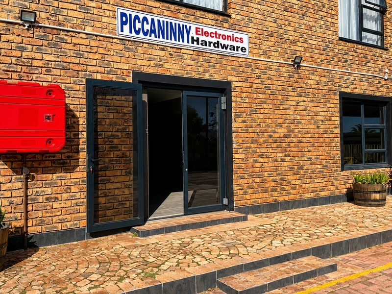 Front exterior view of a commercial office building featuring an exposed brick facade, double glass entrance doors, and paved patio area.