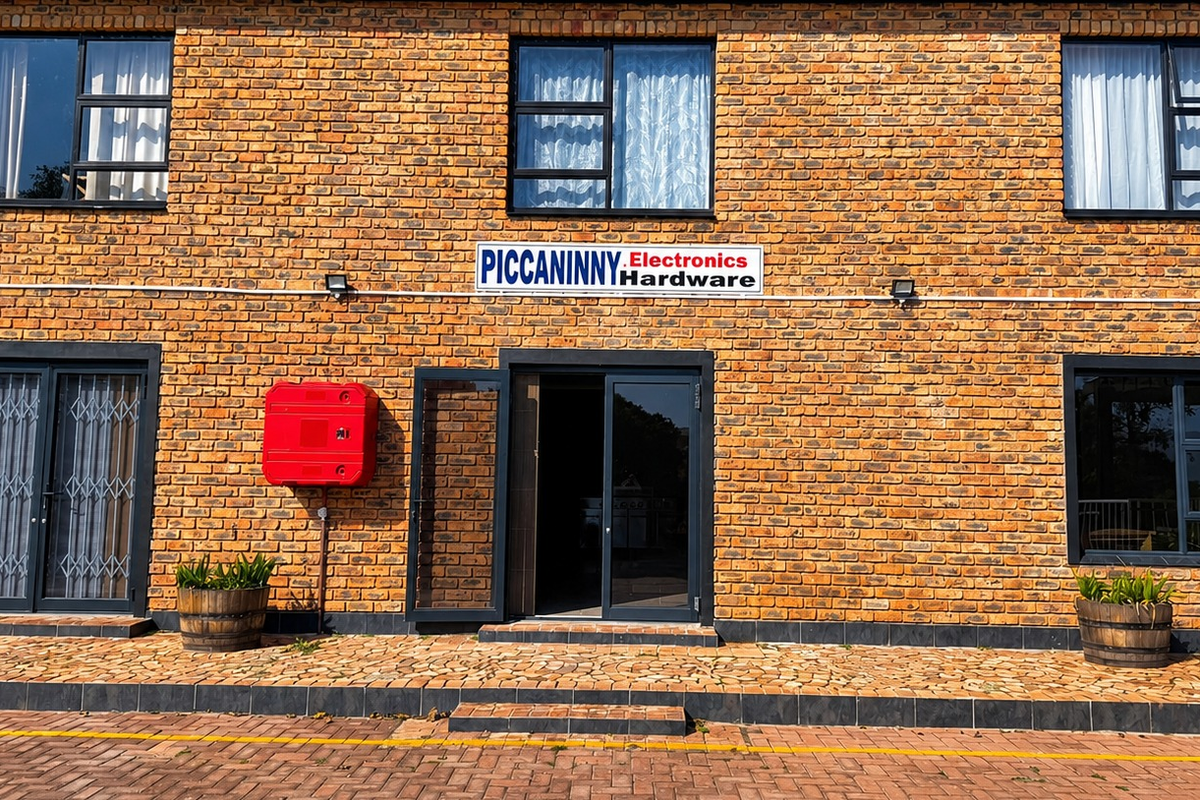 Front elevation of a commercial office building featuring a face brick facade, aluminium framed windows, security gates, and a paved entrance area.