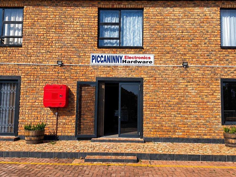 Front elevation of a commercial office building featuring a face brick facade, aluminium framed windows, security gates, and a paved entrance area.