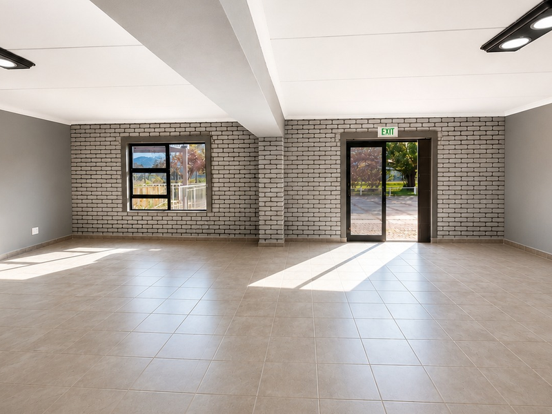 A spacious, well-lit open-plan office area featuring neutral tiled flooring, exposed brick walls, and direct access to an outdoor space.