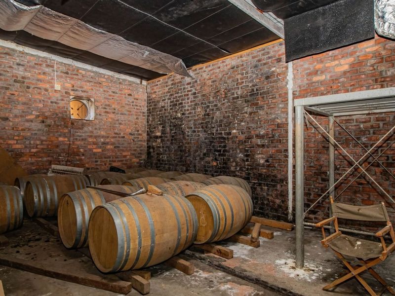 A rustic wine cellar featuring exposed brick walls, concrete flooring, and industrial ceiling insulation, currently used for barrel storage.