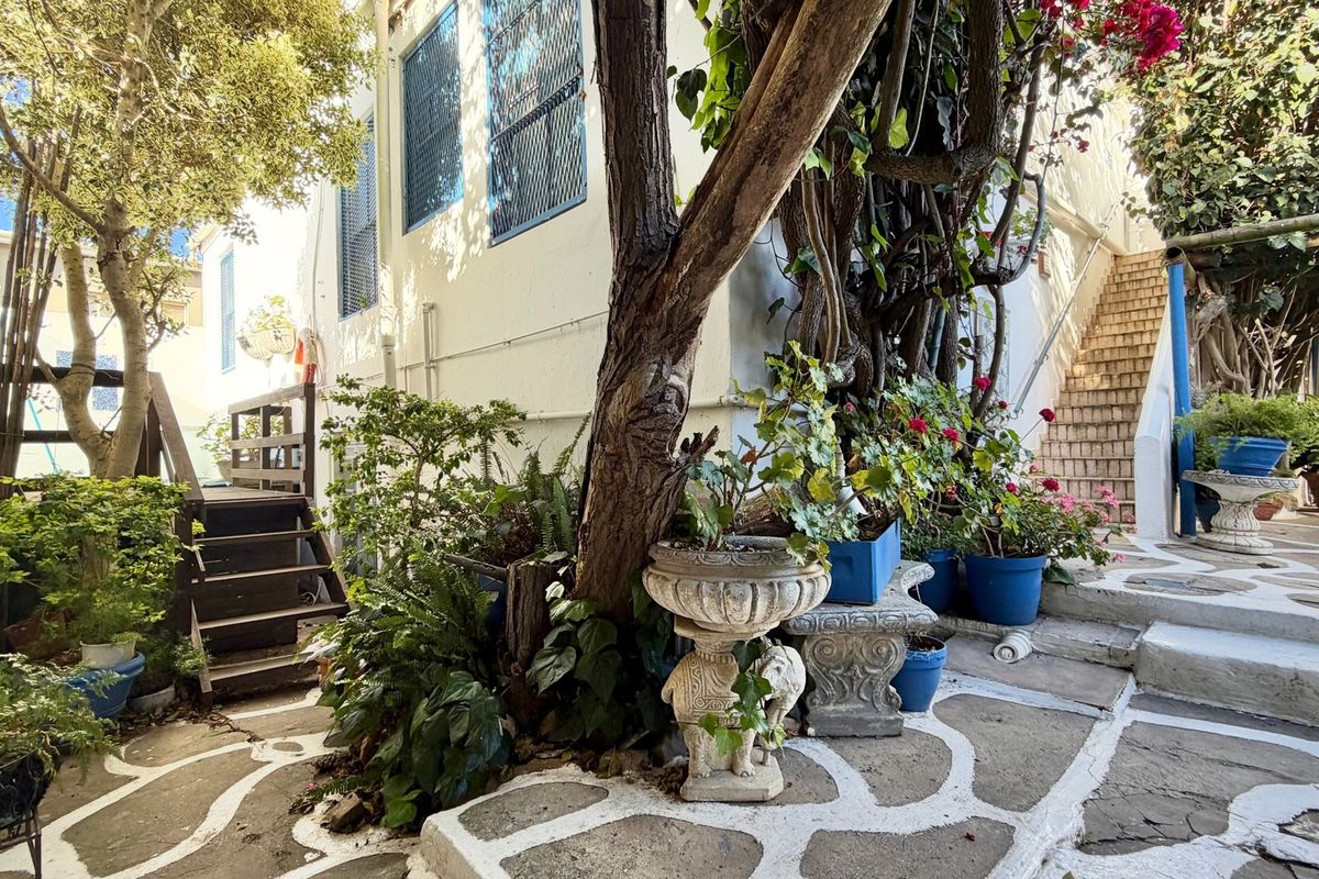 A charming, shaded rear courtyard featuring stone paving, mature trees, and an external staircase leading to the upper level of the guest house.
