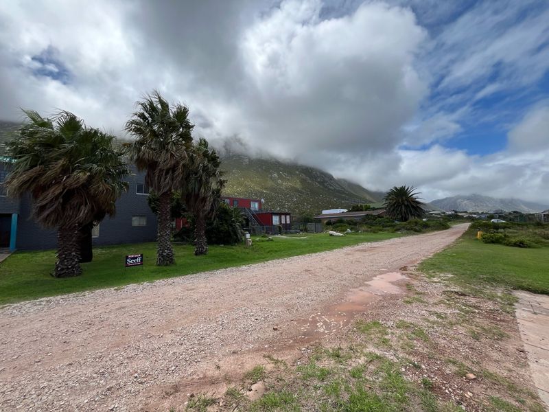 A view of an unpaved gravel road leading towards residential properties with mountain views in the background.