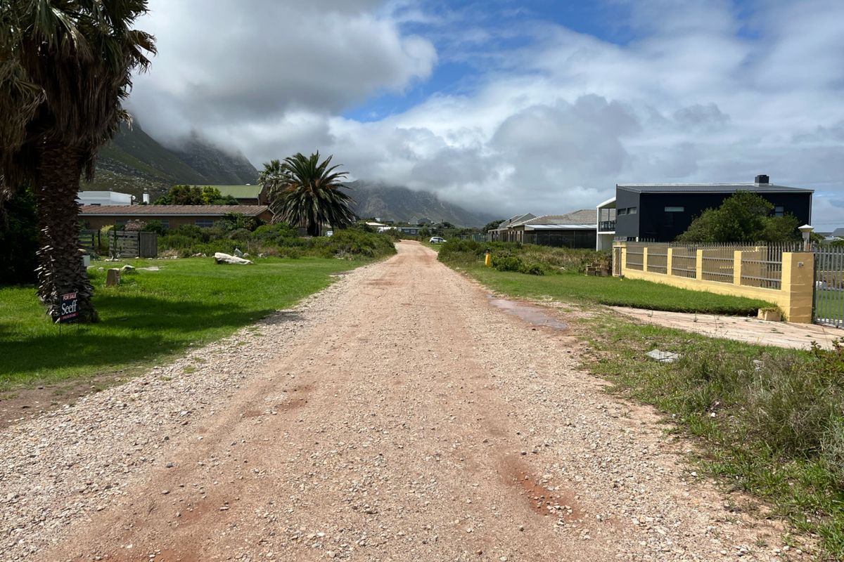 A view of a gravel access road in a residential area, flanked by grass verges, boundary walls, and surrounding properties with mountain views.