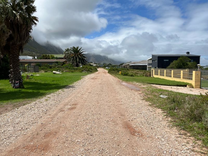 A view of a gravel access road in a residential area, flanked by grass verges, boundary walls, and surrounding properties with mountain views.