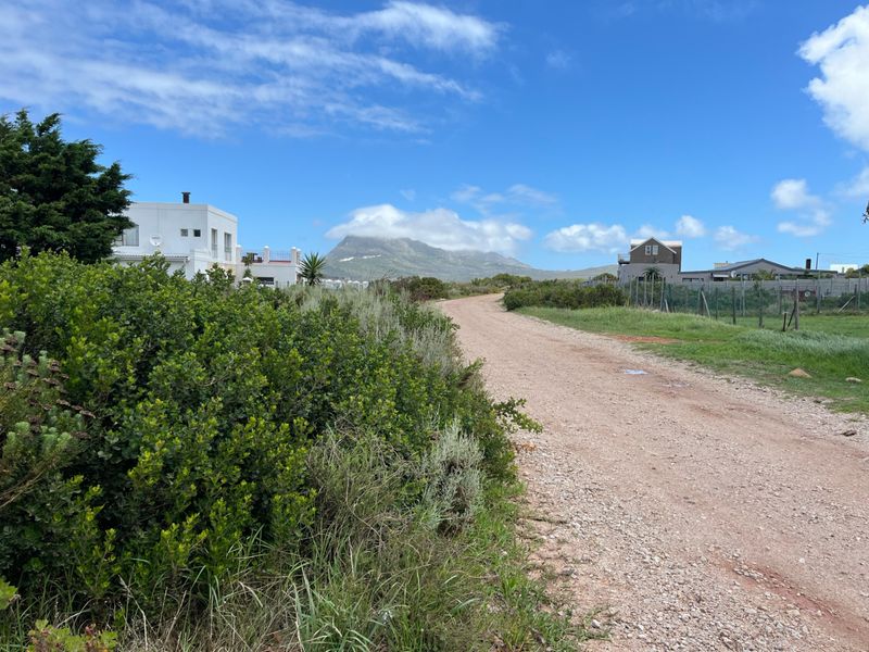 A view of an unpaved access road in a residential area, featuring surrounding indigenous vegetation and mountain views in the distance.