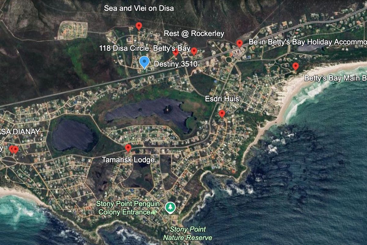 An aerial satellite map view showing the location of the property within the coastal town of Betty's Bay.