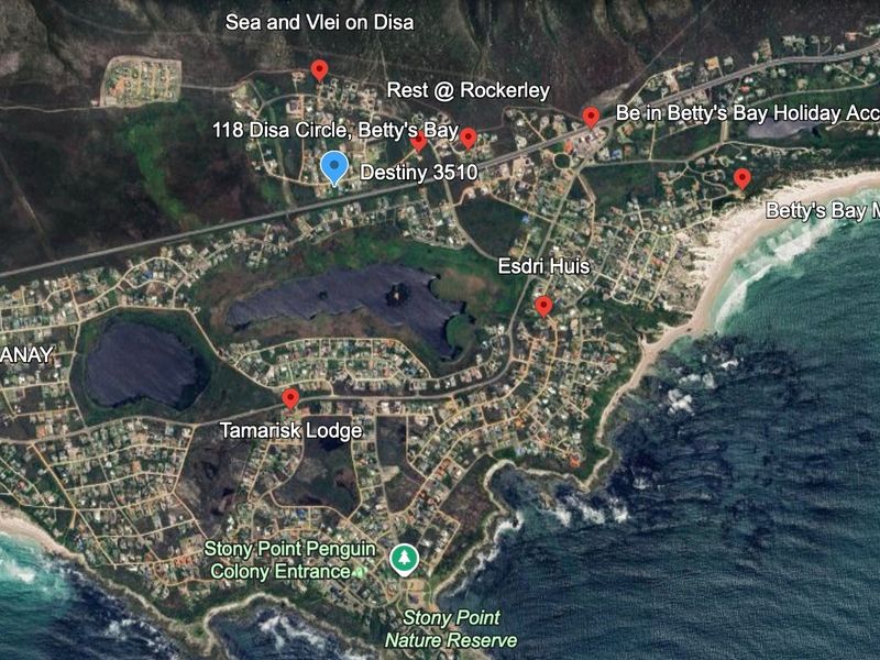An aerial satellite map view showing the location of the property within the coastal town of Betty's Bay.