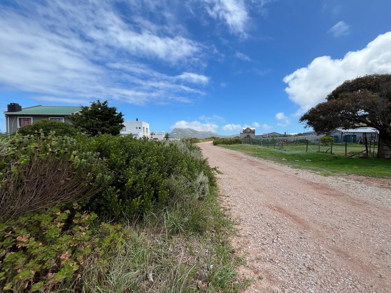 A view of an unpaved residential street with surrounding native vegetation, wire fencing, and distant mountain views.