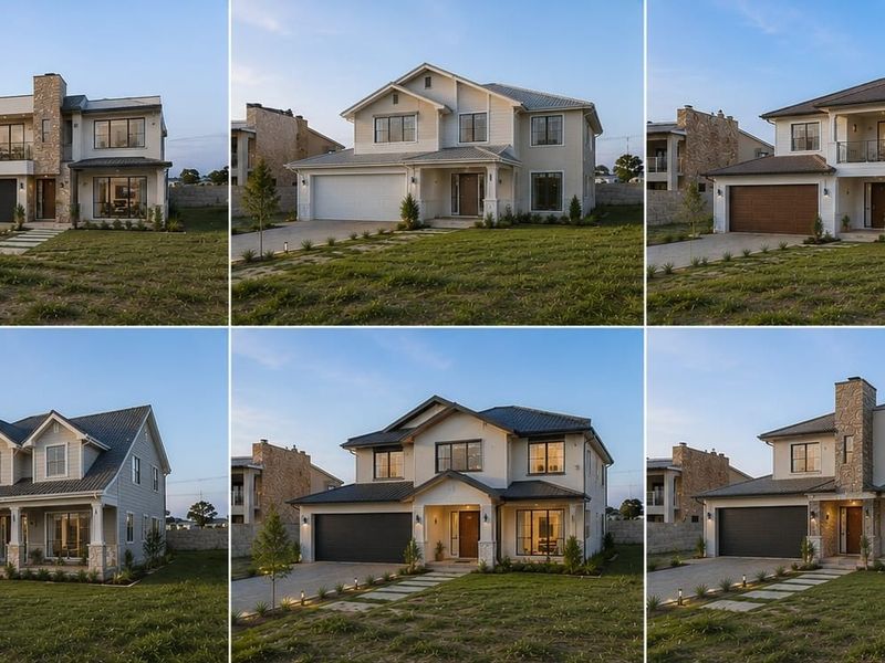 A collage showing various architectural front elevation designs for a residential property, featuring paved driveways, garages, and landscaped front yards.
