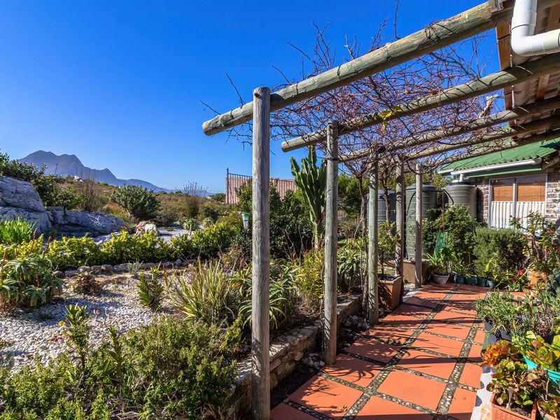 A covered patio area featuring a timber pergola, terracotta tiled flooring, and a stone retaining wall, overlooking a landscaped garden with mountain views.