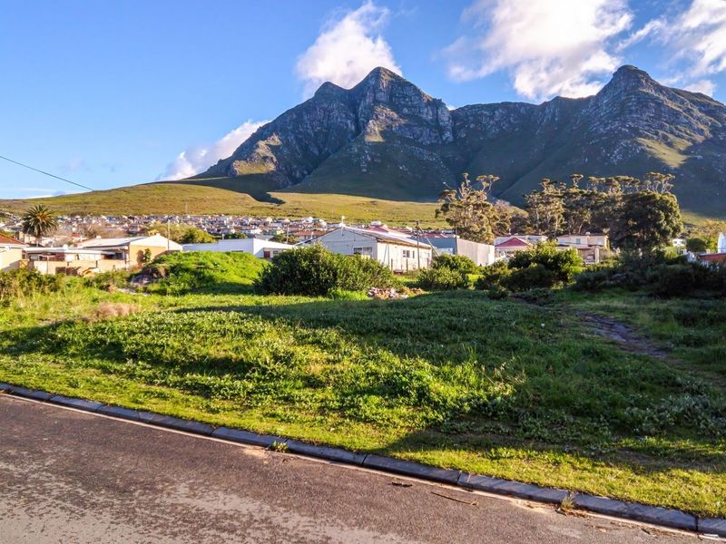 A vacant residential plot featuring natural grass cover, bordered by an asphalt road and concrete curbing, with scenic mountain views in the background.