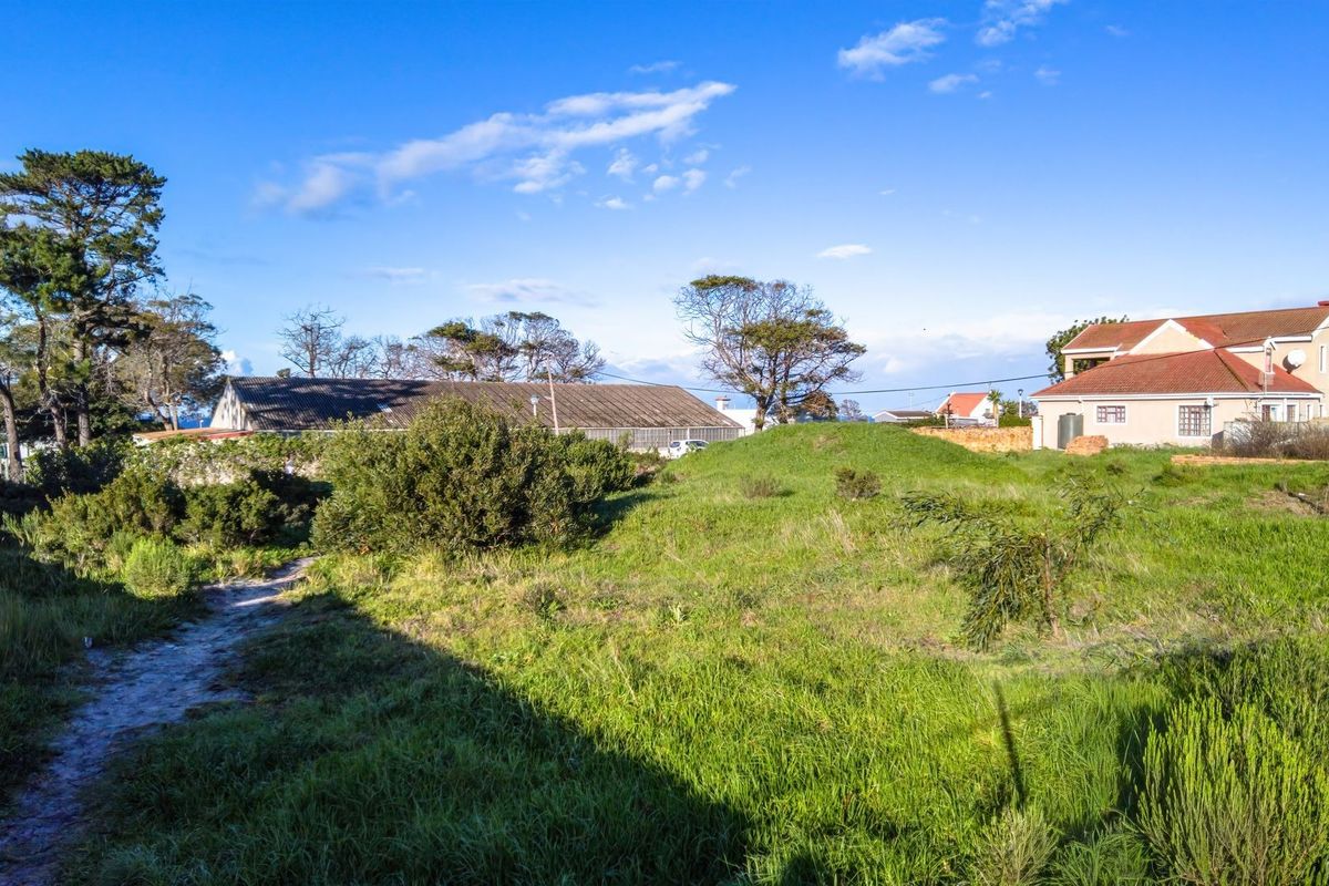 A view of a vacant residential plot featuring natural grass cover, mature trees, and surrounding residential properties.
