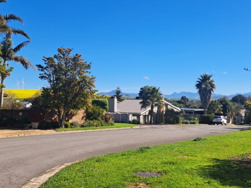A clear street view showing the neighbourhood approach, asphalt road, and surrounding landscaped greenery under a bright blue sky.