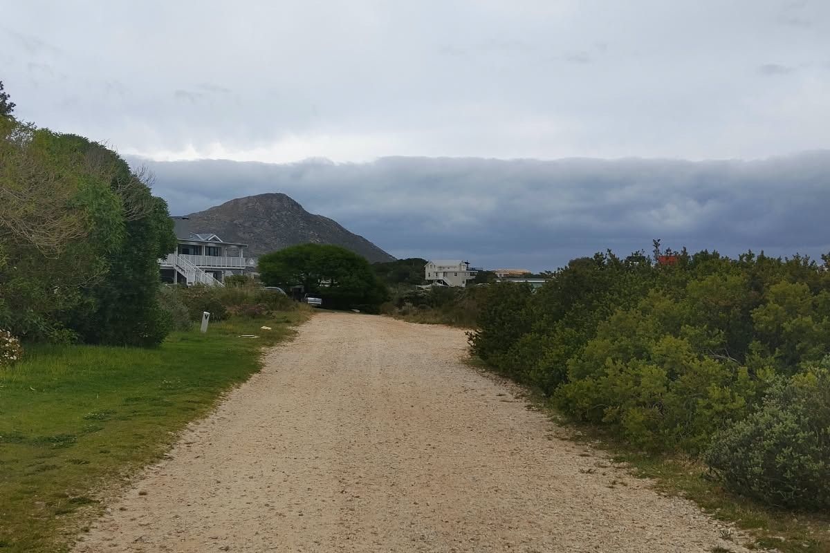A view of a gravel access road leading through a natural landscape with surrounding vegetation and distant mountain views.