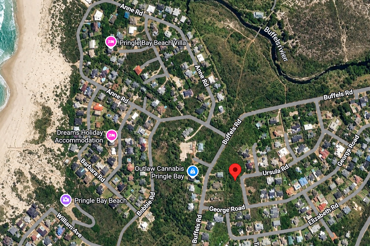An aerial map view showing the residential location of the property within the coastal neighborhood of Pringle Bay.