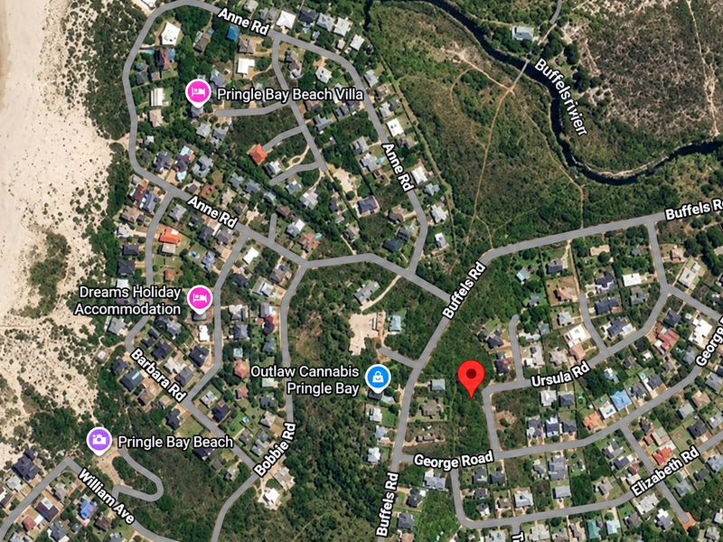 An aerial map view showing the residential location of the property within the coastal neighborhood of Pringle Bay.