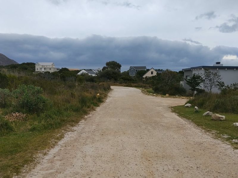 A view of an unpaved access road leading through a residential area with surrounding natural vegetation and nearby houses.