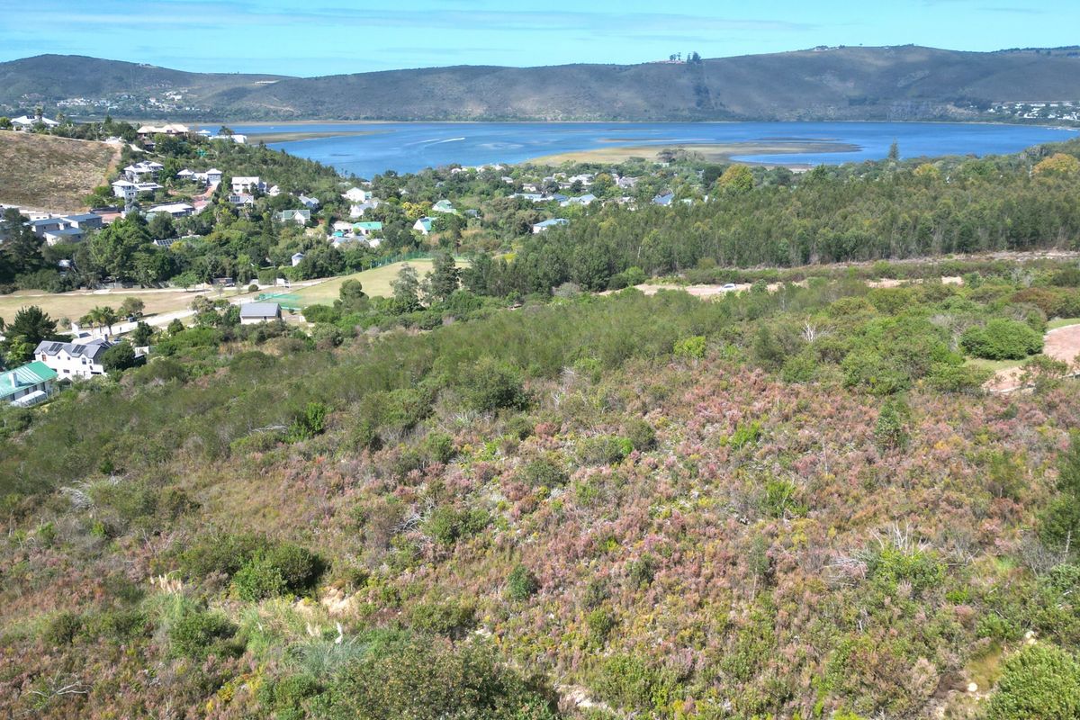 An elevated aerial view of a vacant residential plot featuring natural vegetation and a sloped landscape overlooking the surrounding lagoon and residential area.