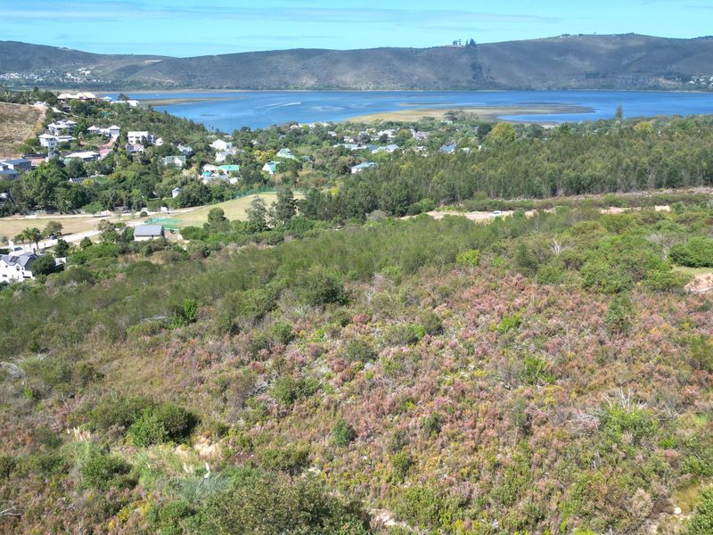 An elevated aerial view of a vacant residential plot featuring natural vegetation and a sloped landscape overlooking the surrounding lagoon and residential area.