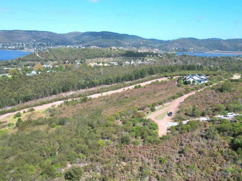 An aerial view of a large, undeveloped residential plot featuring natural vegetation, gravel access paths, and scenic landscape views.