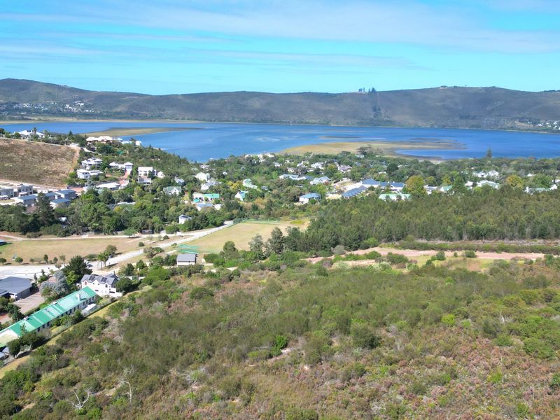 Aerial view of a vacant residential plot featuring natural vegetation, with surrounding residential properties and a scenic lagoon in the background.
