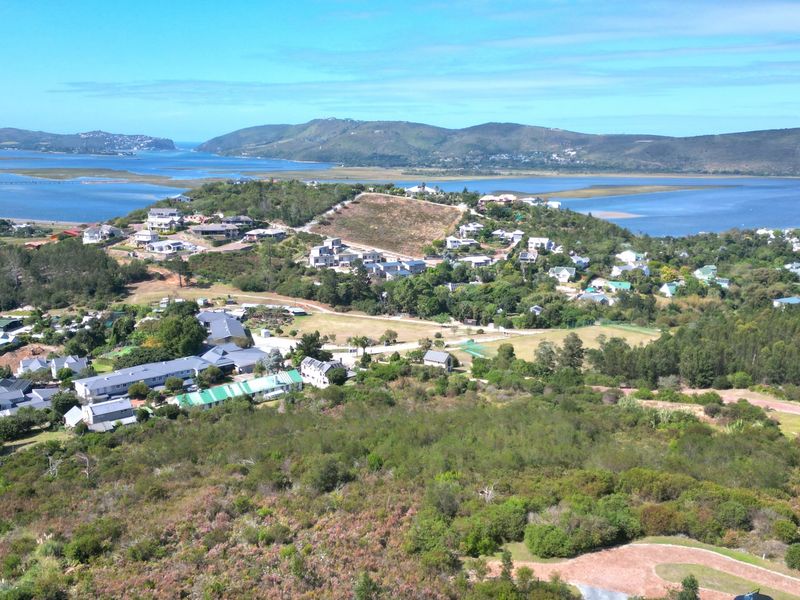 An aerial view of a residential area situated near a scenic estuary and coastal landscape.