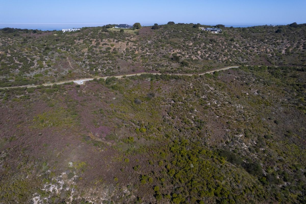 An aerial view of a large, undeveloped residential plot featuring natural coastal vegetation and a dirt access road.