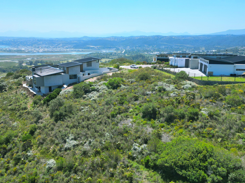 Aerial view of residential properties situated on a hillside, showcasing the surrounding landscape and coastal scenery.