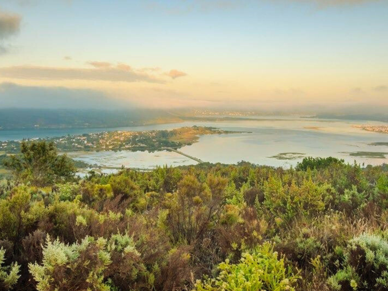 A scenic elevated view overlooking a coastal lagoon and surrounding residential landscape at sunset.
