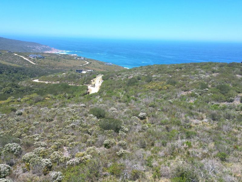 An aerial view of a vacant residential plot featuring natural coastal vegetation and scenic ocean views.