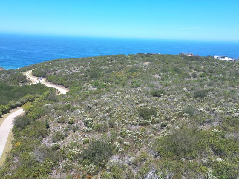 An aerial view of a vacant residential plot featuring natural coastal vegetation and a paved access road with ocean views.