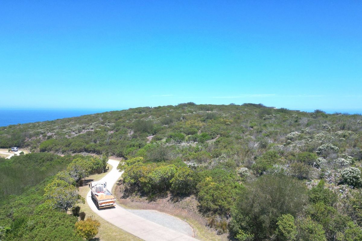 An aerial view of a vacant residential plot featuring natural coastal vegetation and a paved access road leading through the property.