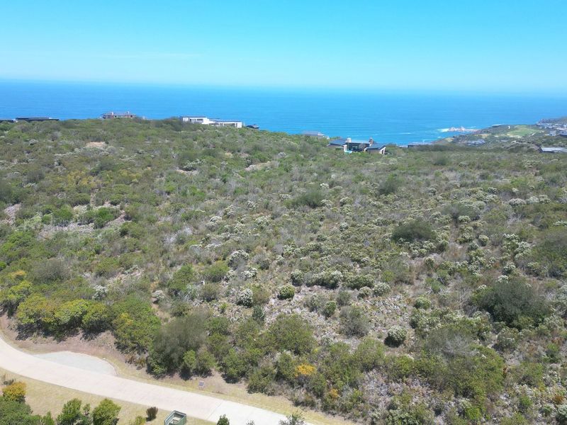 An aerial view of a vacant residential plot featuring natural coastal vegetation and access to a paved road with ocean views.