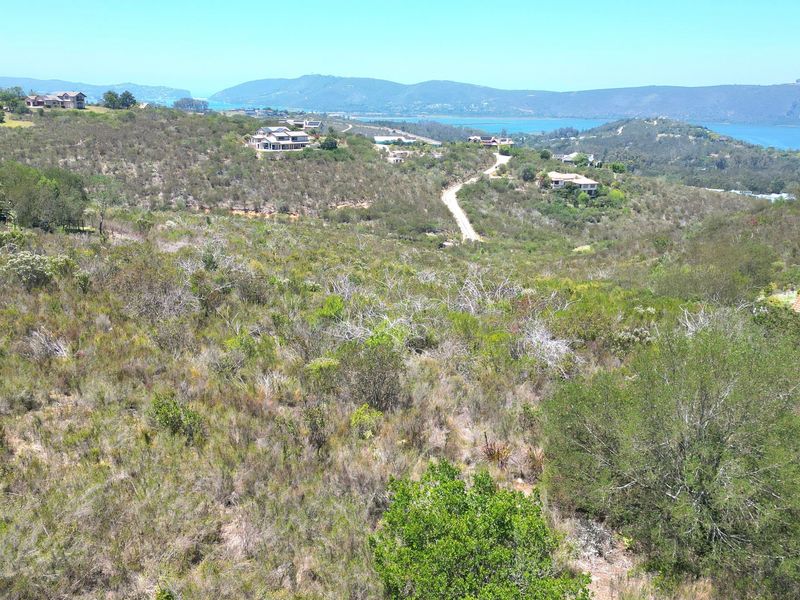 An elevated aerial view of a sloped residential vacant land plot featuring natural vegetation and scenic landscape views of the surrounding area.