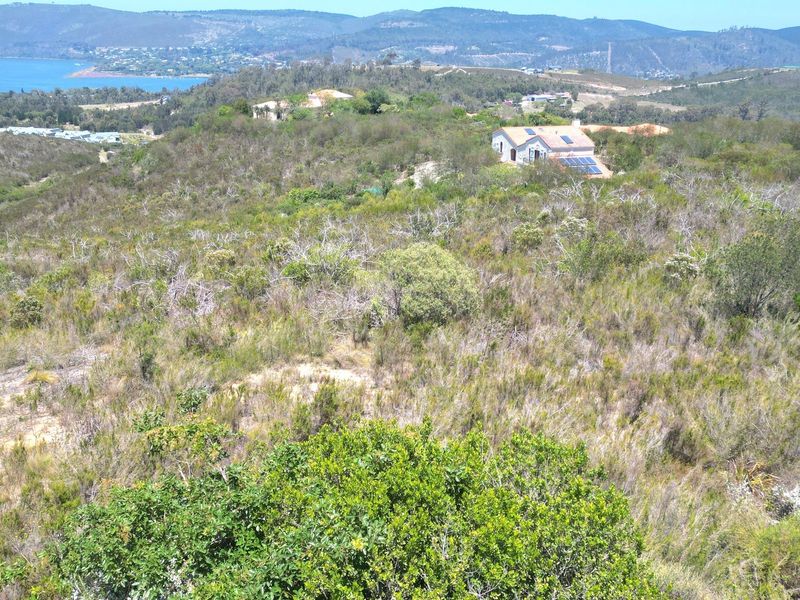 An aerial view of a vacant residential plot featuring natural fynbos vegetation and sloping terrain with distant coastal and landscape views.