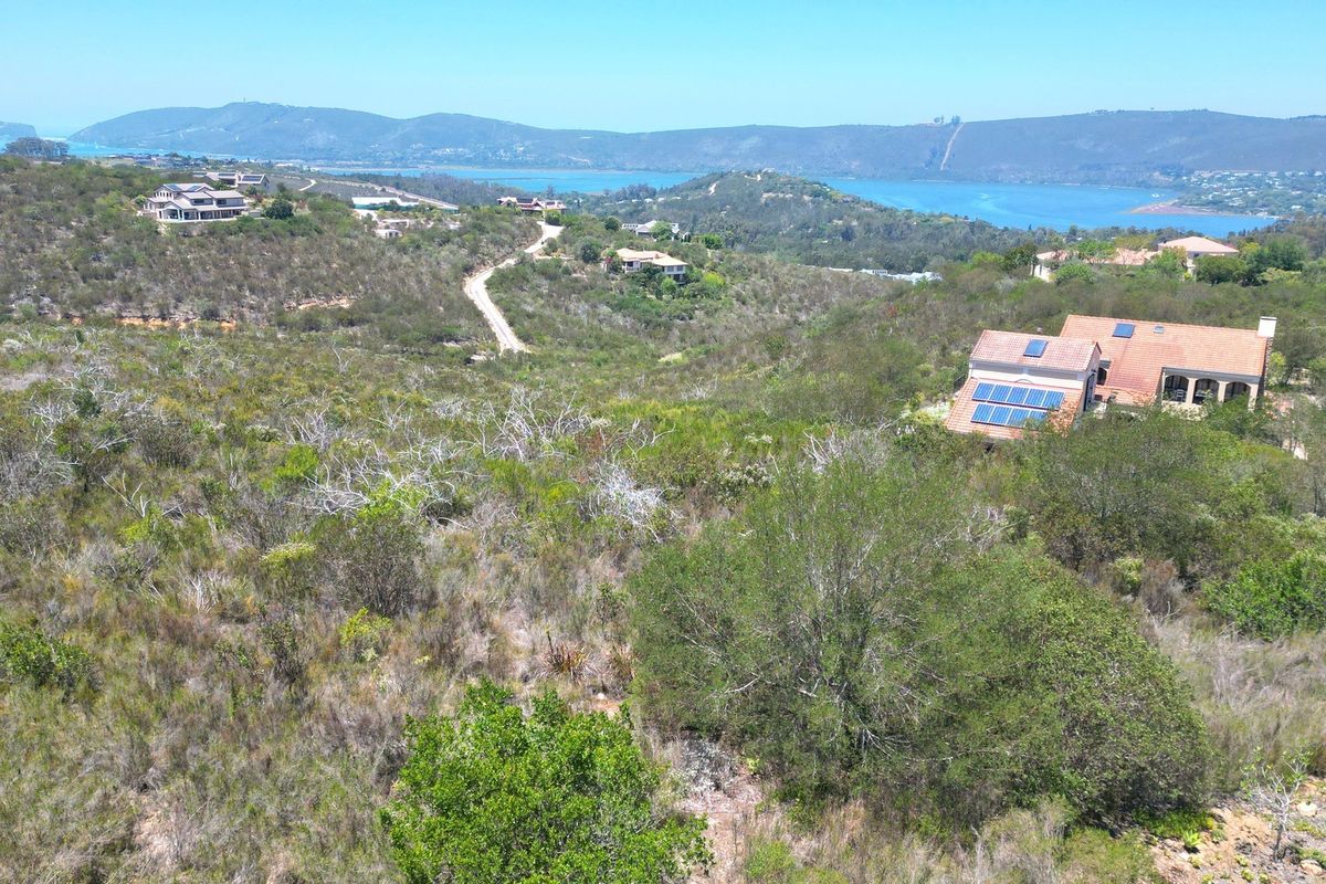 An aerial view of a vacant residential plot featuring natural vegetation and sloped terrain with surrounding landscape and water views.