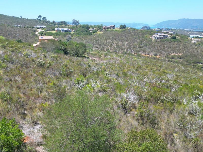An aerial view of a vacant residential plot featuring natural vegetation and sloped terrain, situated in a scenic hillside neighborhood.
