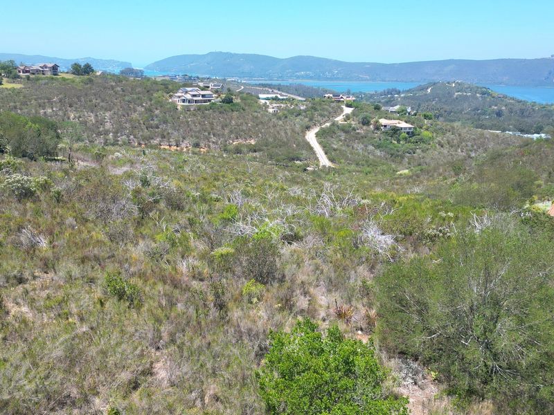 An aerial view of a vacant residential plot featuring natural vegetation, sloped terrain, and scenic views of the surrounding landscape and distant water.